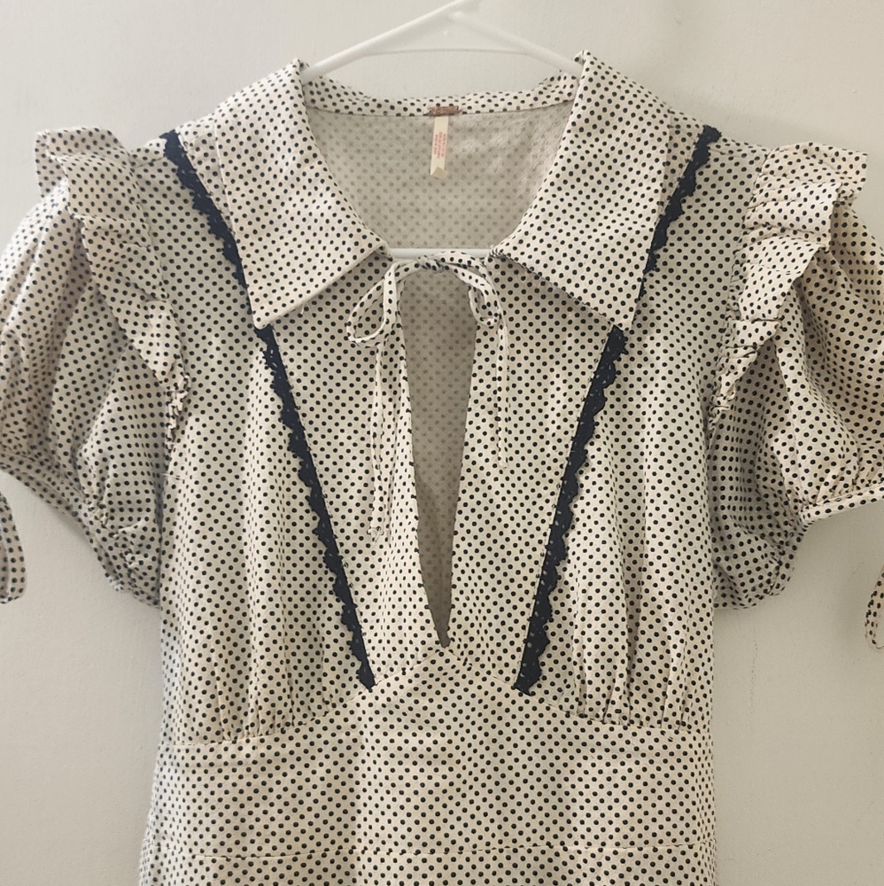 Free People Polka Dot Ruffle Sleeve Dress, Size Small Petite, Cotton. - Picture 2 of 9